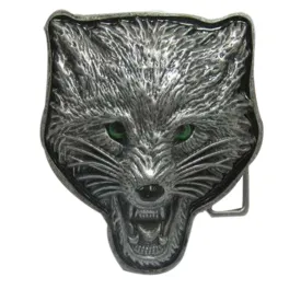 3D METAL WOLF PIERCING GREEN ENAMEL EYES BELT BUCKLE FIT SNAP BELT