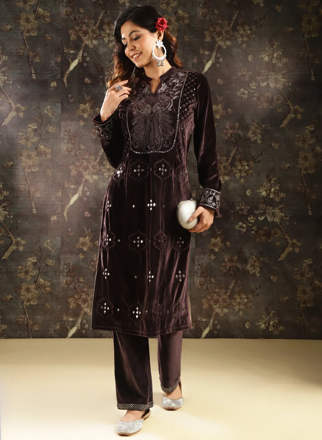 Brown Embellished Party-wear Velvet Kurta Set