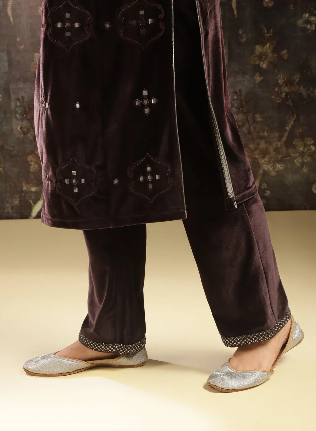 Brown Embellished Party-wear Velvet Kurta Set