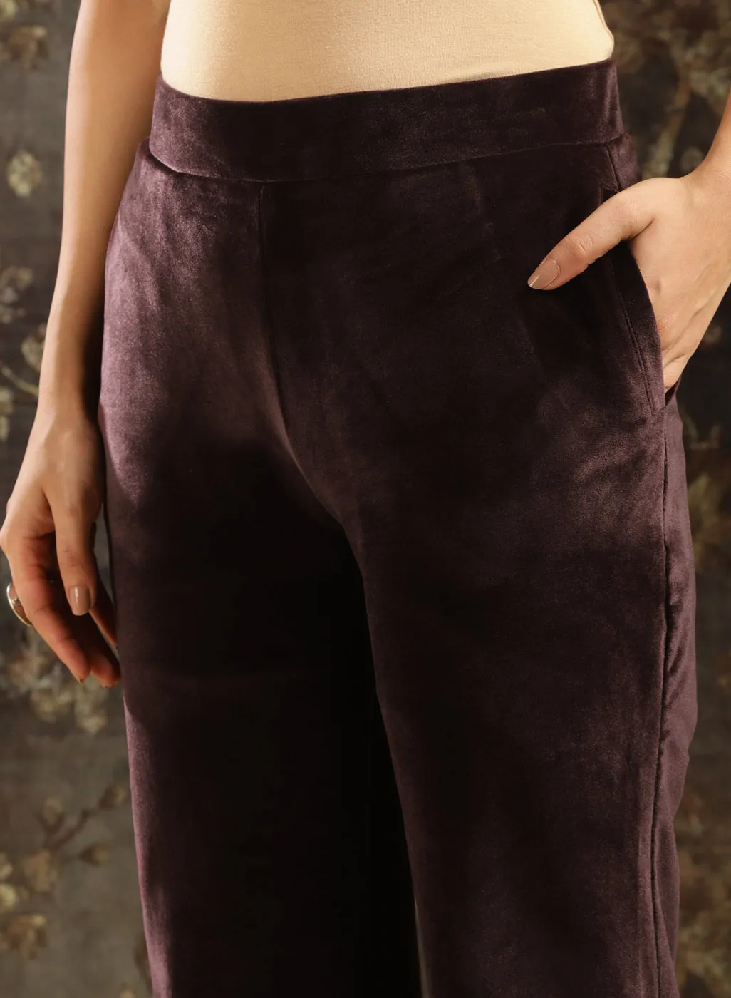 Brown Embellished Party-wear Velvet Kurta Set