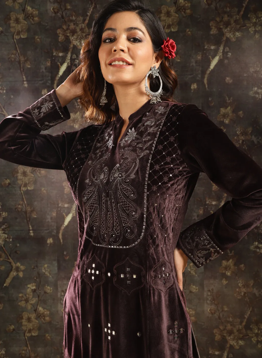 Brown Embellished Party-wear Velvet Kurta Set