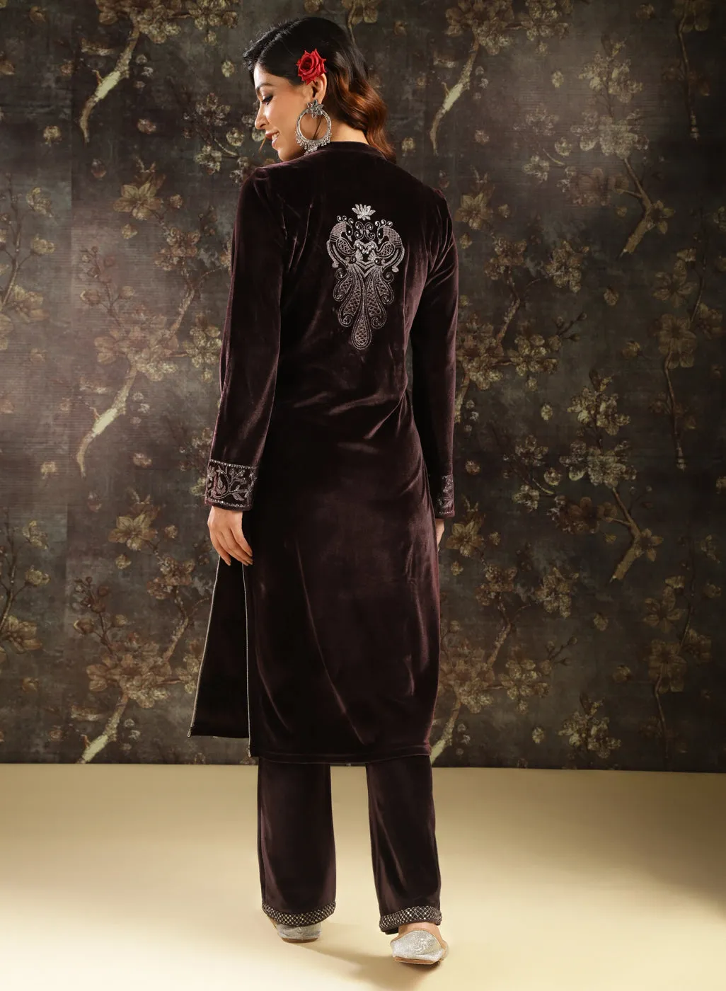 Brown Embellished Party-wear Velvet Kurta Set