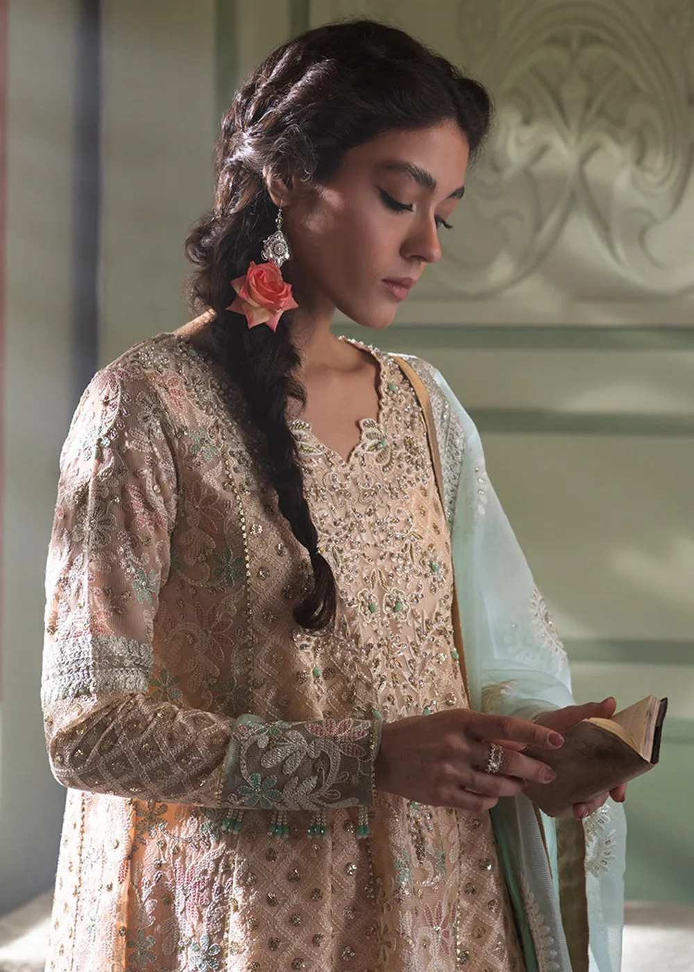 Peach Organza Net Pakistani Suit | Mushq | Qala Kamdaani | Amira